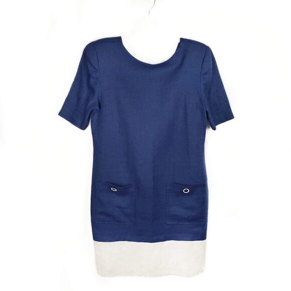 Miss O Oscar de la Renta Linen Drop Size Waist Shift Dress Navy White Size 10 - Picture 1 of 6